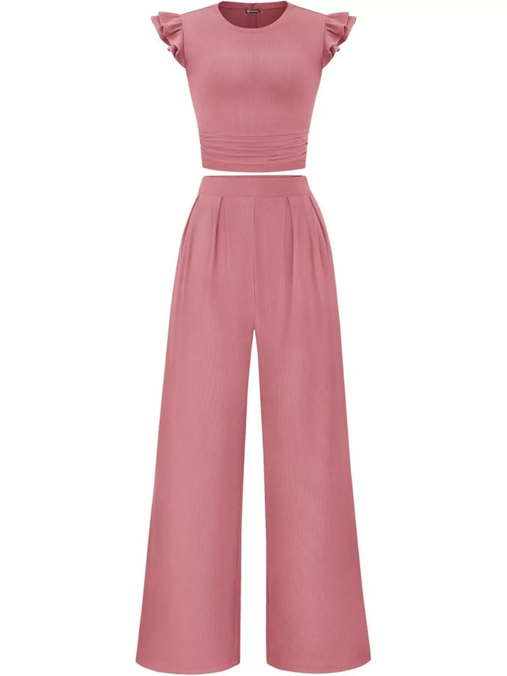 Ruffled Mock Neck Top and Wide Leg Pants Set