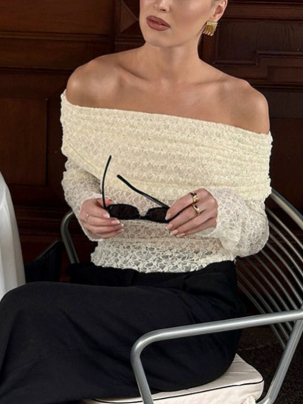 Off Shoulder Long Sleeve Lace Top