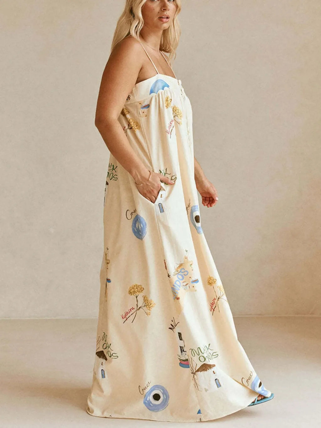 Bohemian Print Cami Maxi Dress with Pockets
