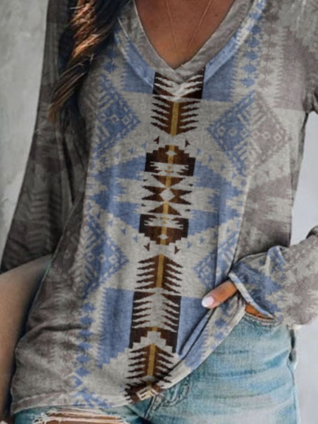 Full Size Geometric V-Neck Long Sleeve T-Shirt Plus Size