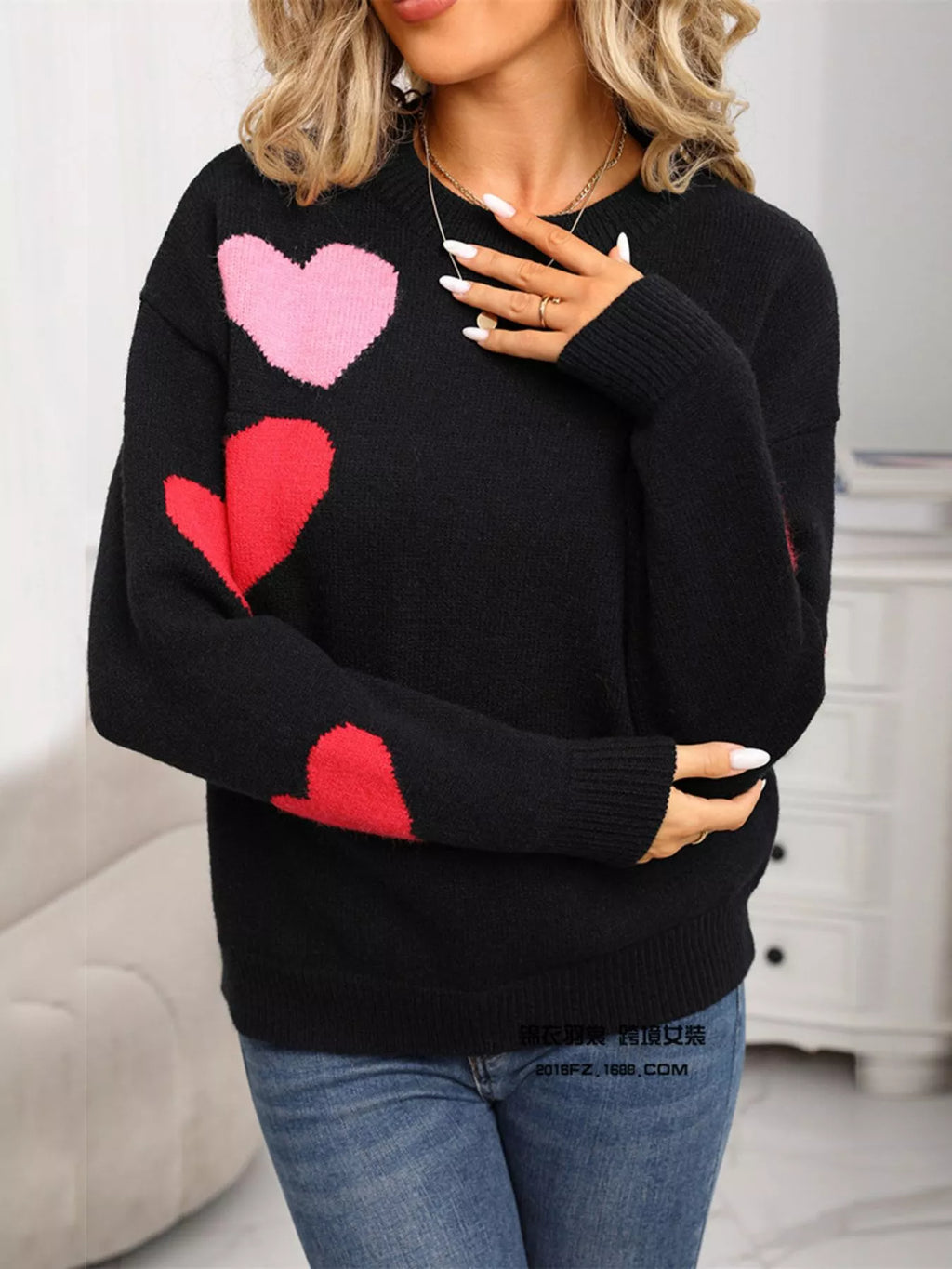 Valentine's Day Heart Pattern Round Neck Sweater