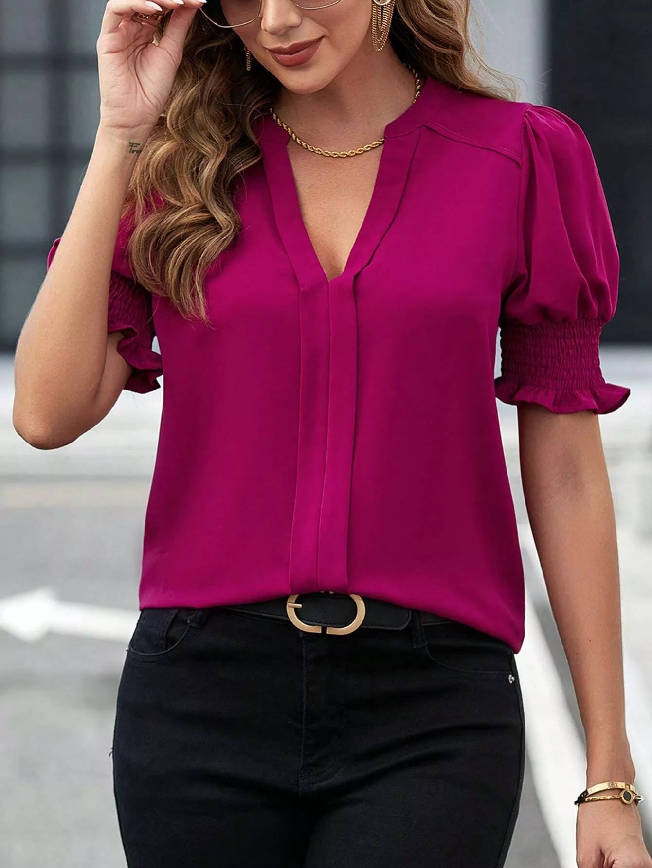 Notched Half Sleeve Blouse