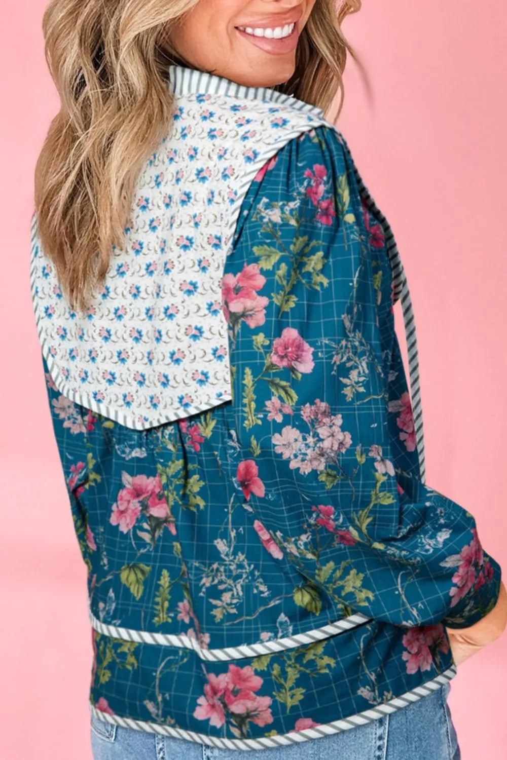 Floral Print Contrast Yoke Patchwork Striped Trim Long Puff Sleeve Blouse