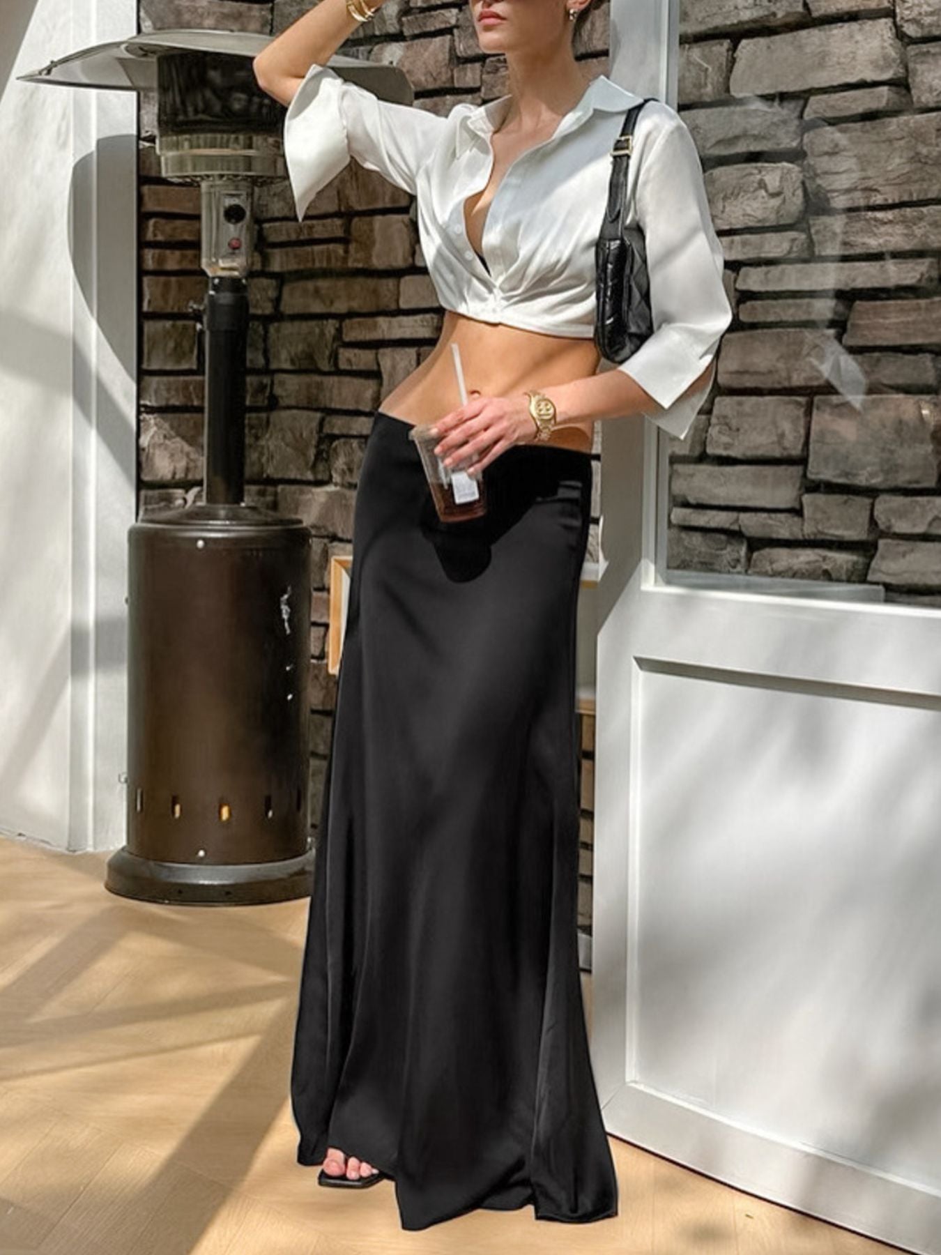 Collared Neck Long Sleeve Cropped Shirt