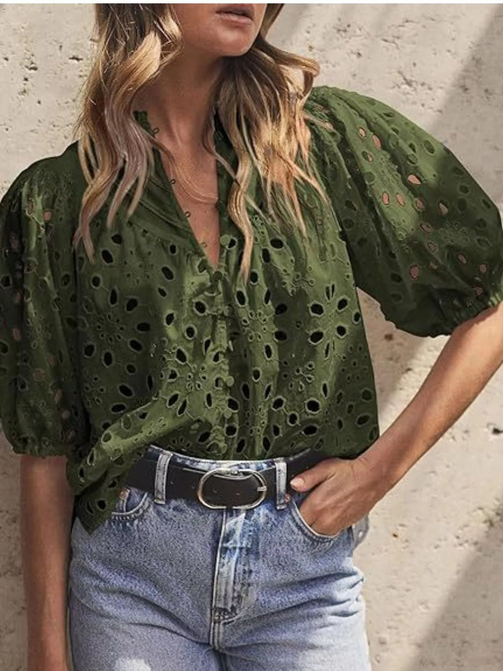 Eyelet Embroidered Puff Sleeve Blouse
