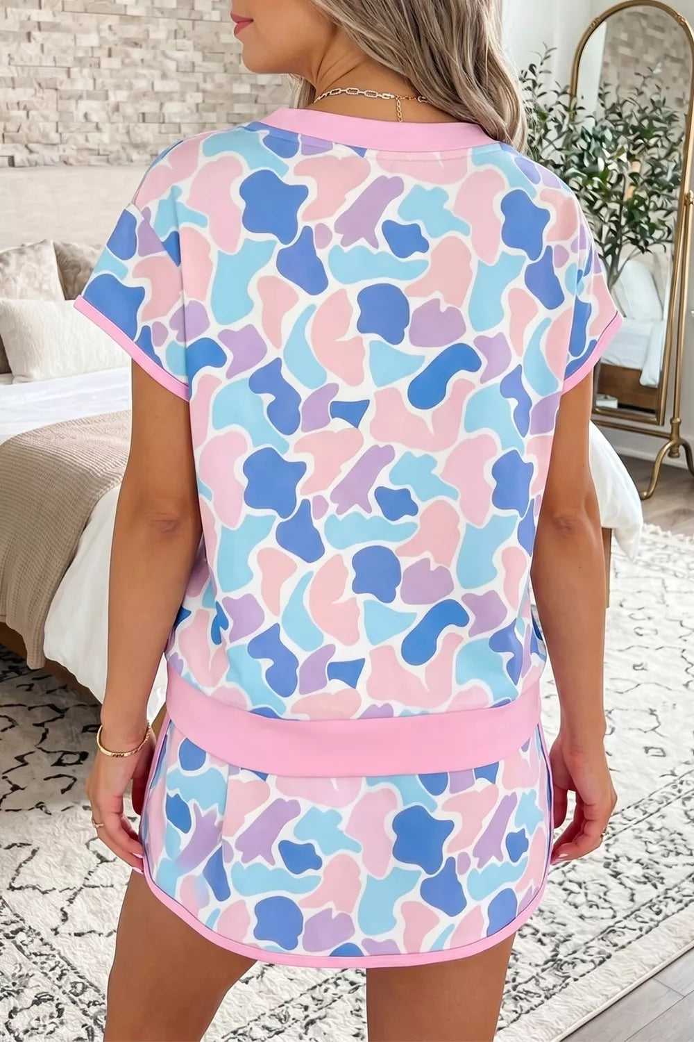 Camouflage Print Contrast Trim Athletic Skort Set
