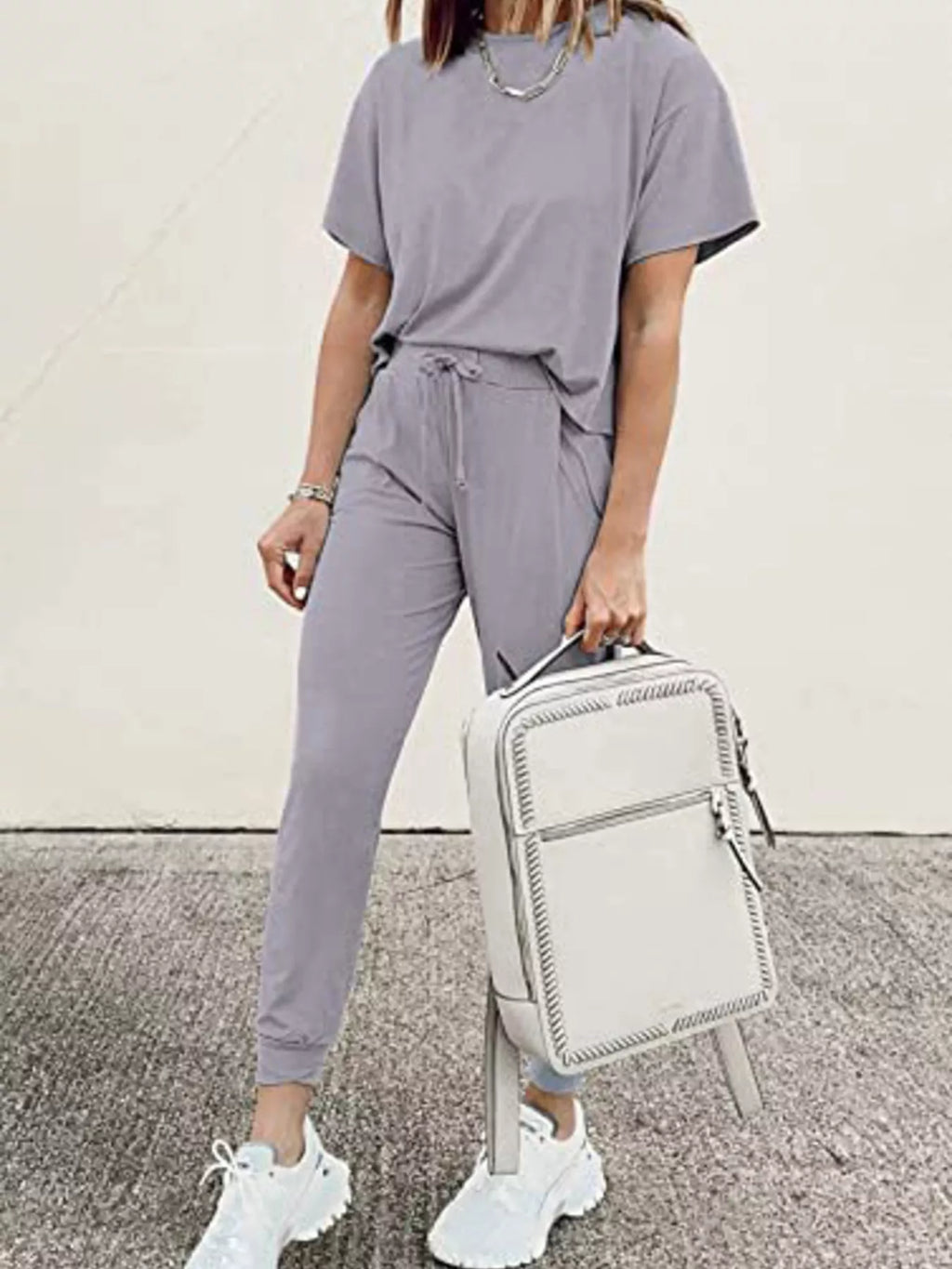 Full Size Round Neck Top and Drawstring Pants Set Plus Size