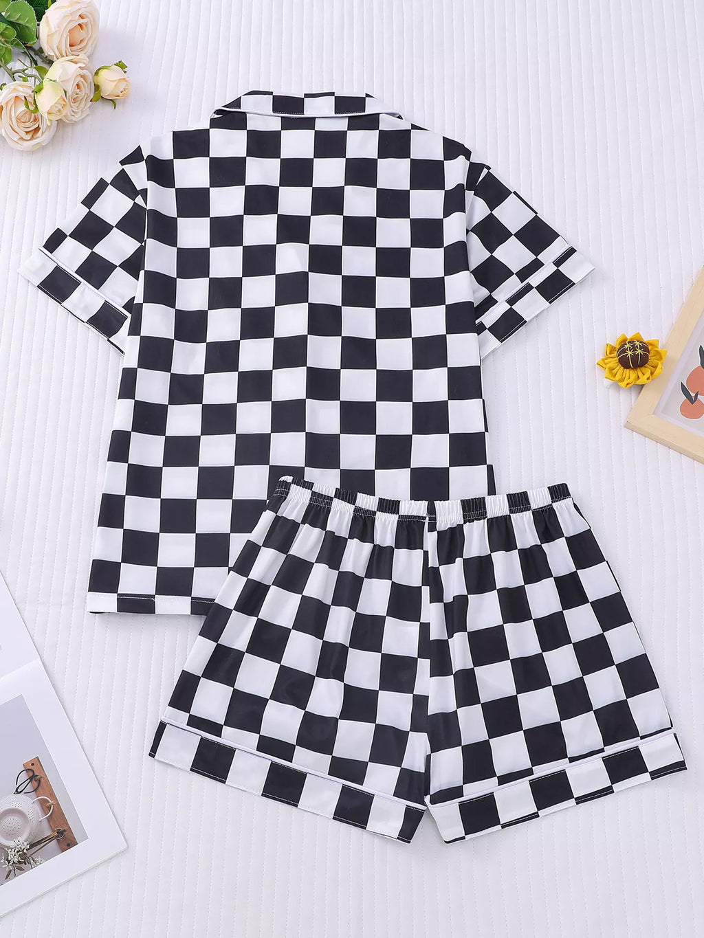 Checkered Print Button Up Top and Shorts Lounge Set