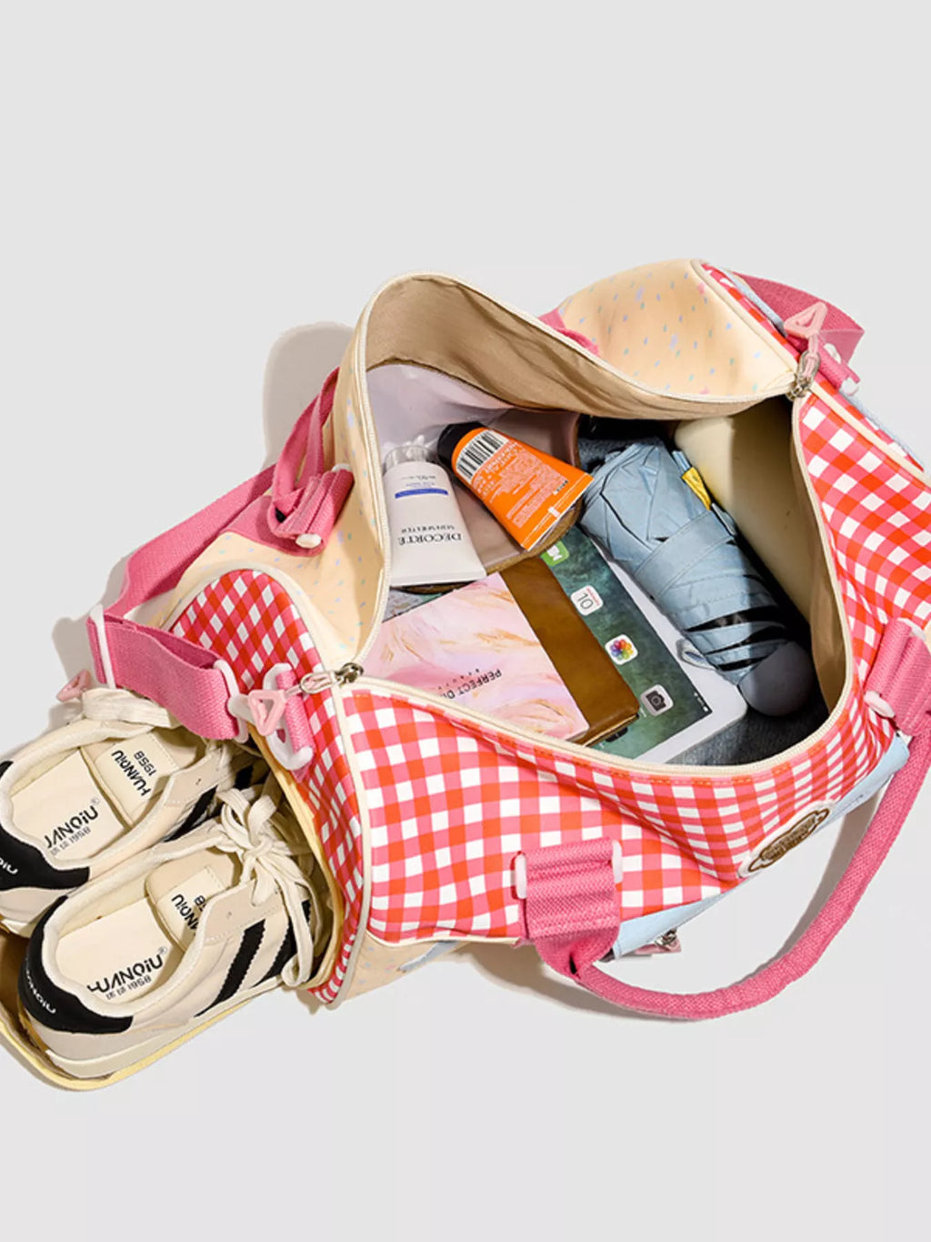 Gingham Duffel Bag with Multi-Pockets