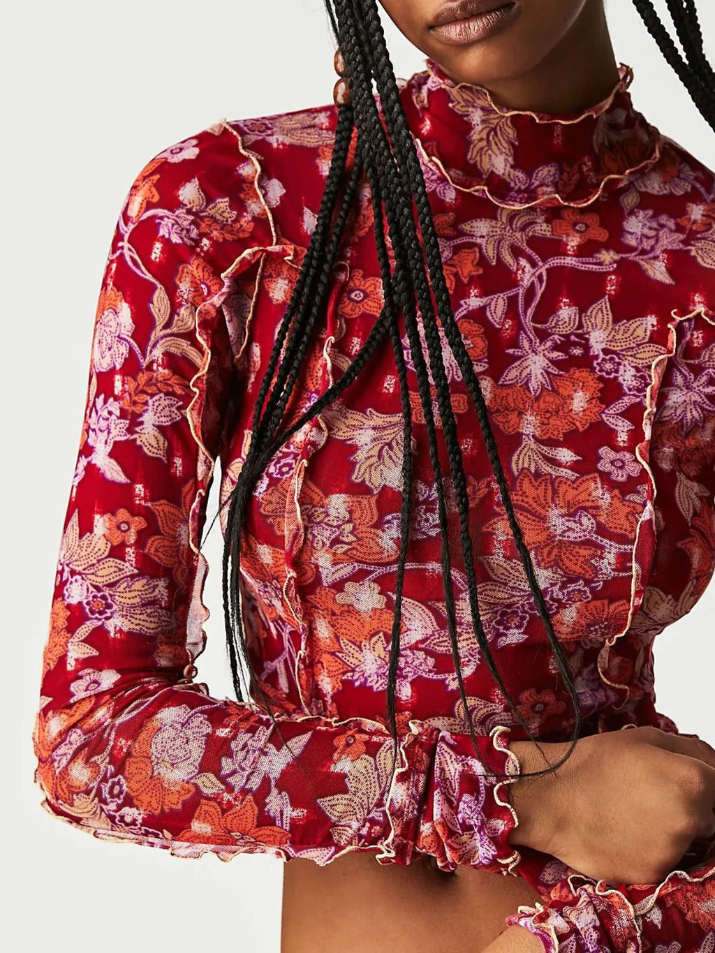 Floral Print Mock Neck Long Sleeve Top