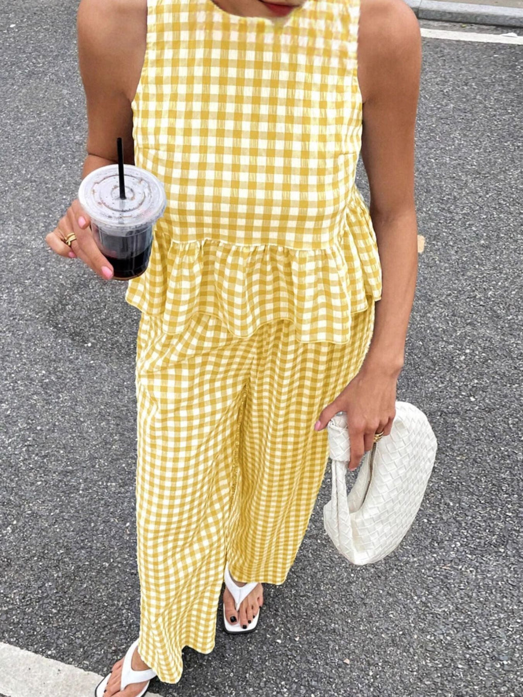 Gingham Sleeveless Top and Wide-Leg Pants Set