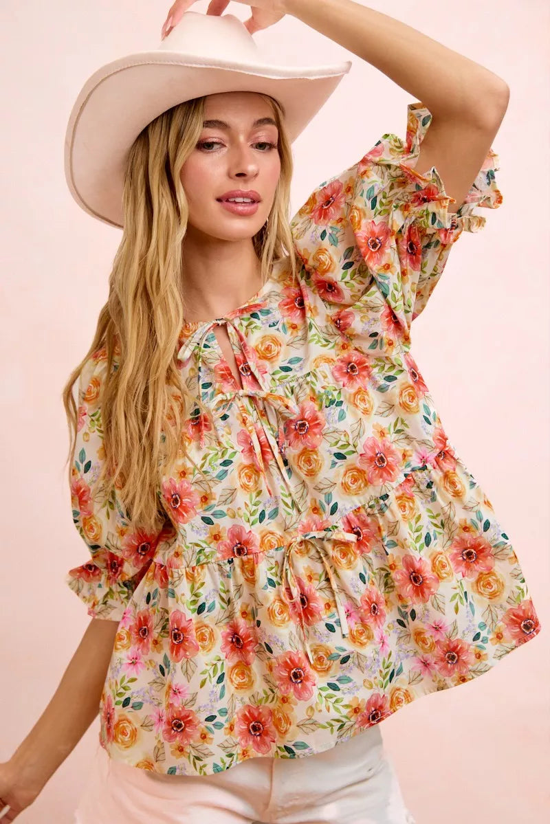 BiBi Flower Printed Shirring Detail Blouse Top