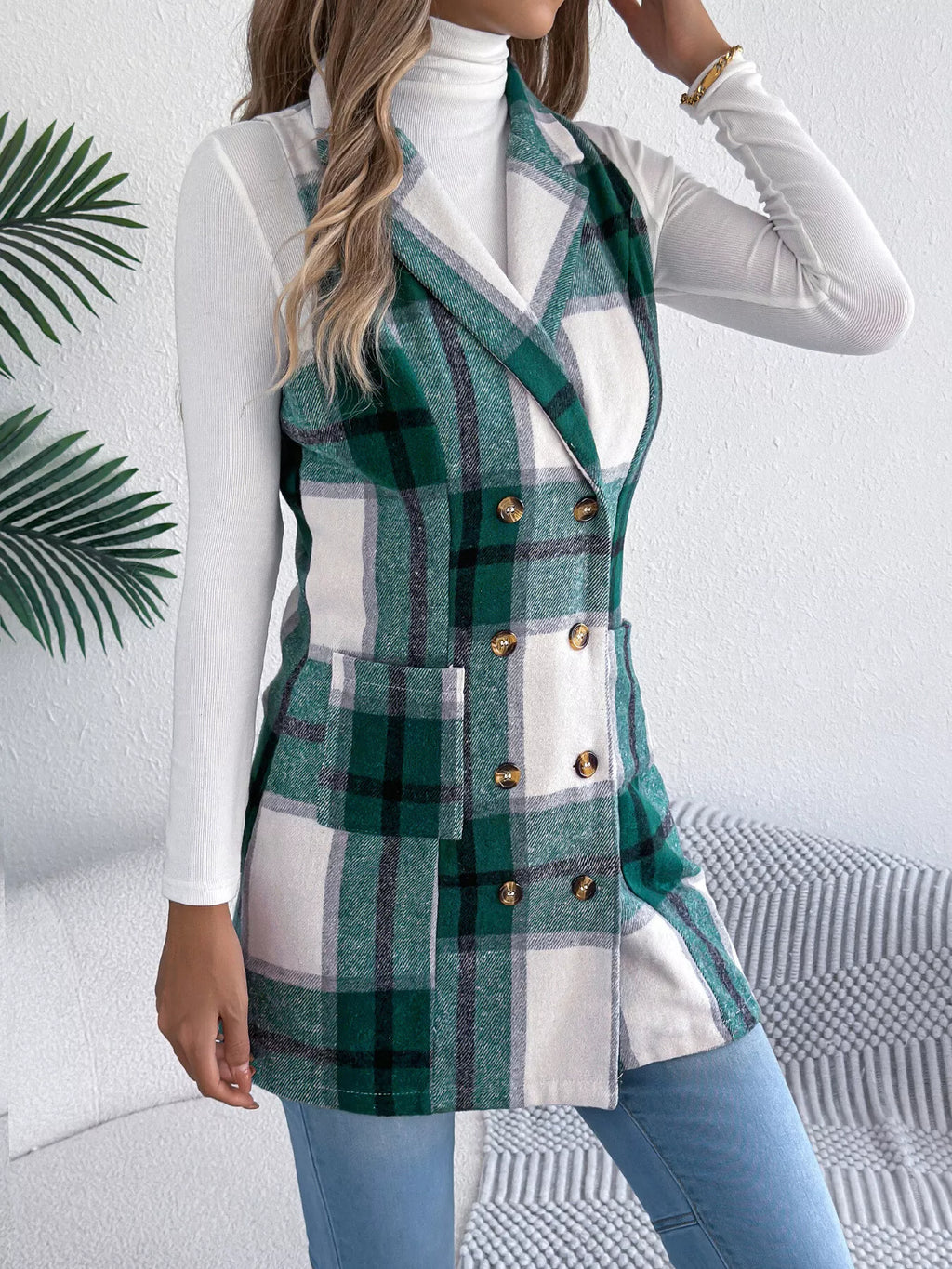 Plaid Double-Breasted Vest Coat