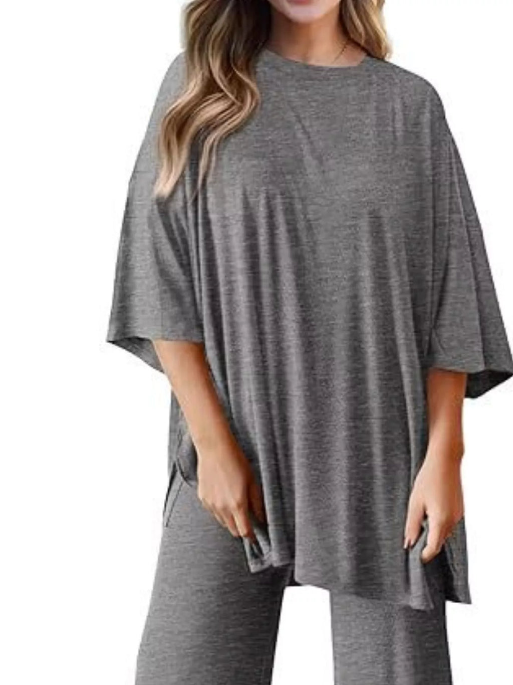 Slit Round Neck Top and Pants Set
