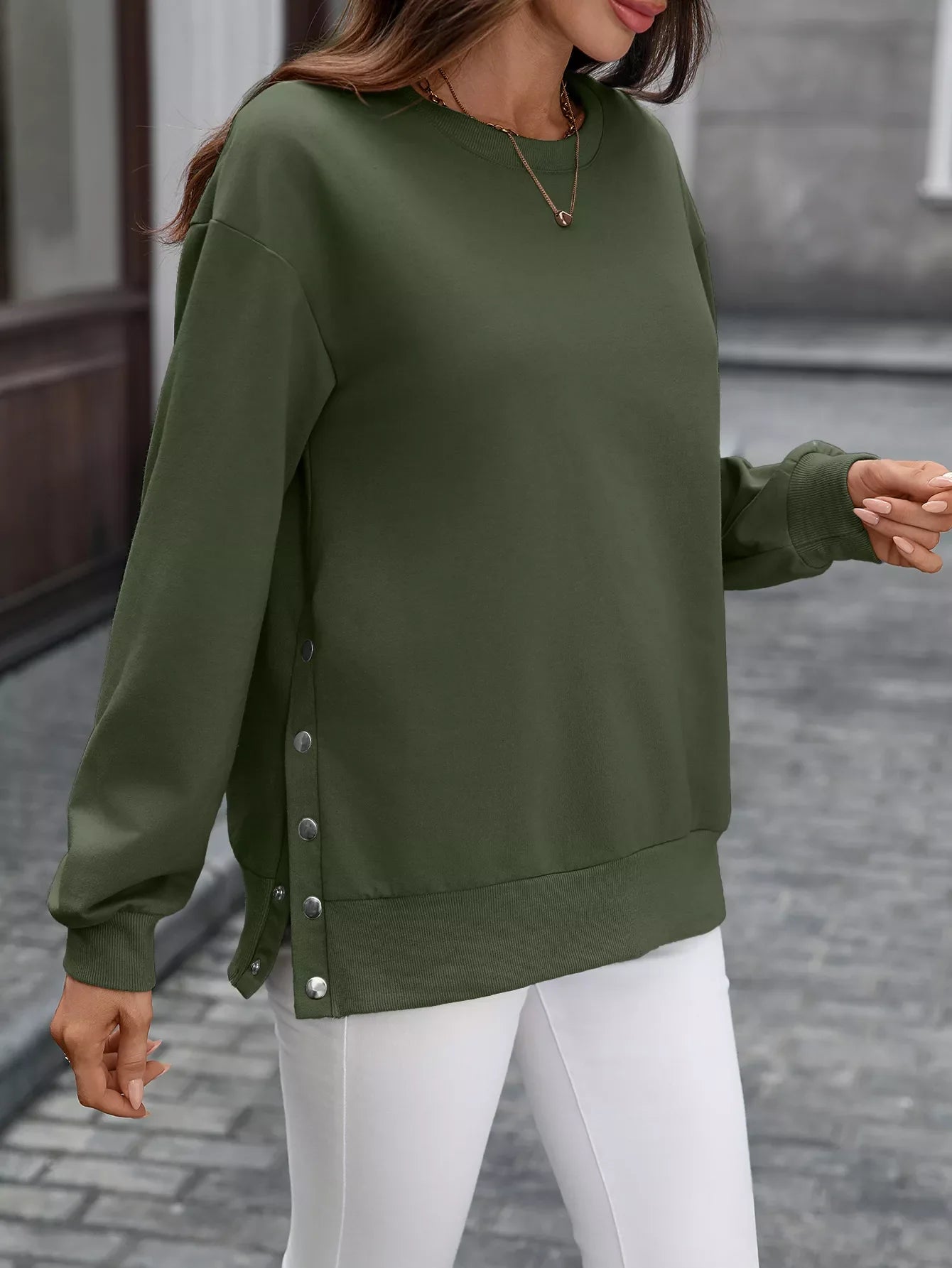 Side Snap Round Neck Sweatshirt