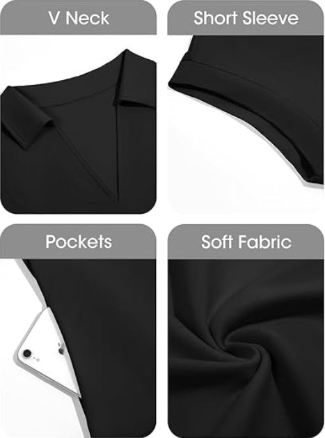 Fisoew Striped Patchwork Polo V‑Neck Mini Dress with Pockets