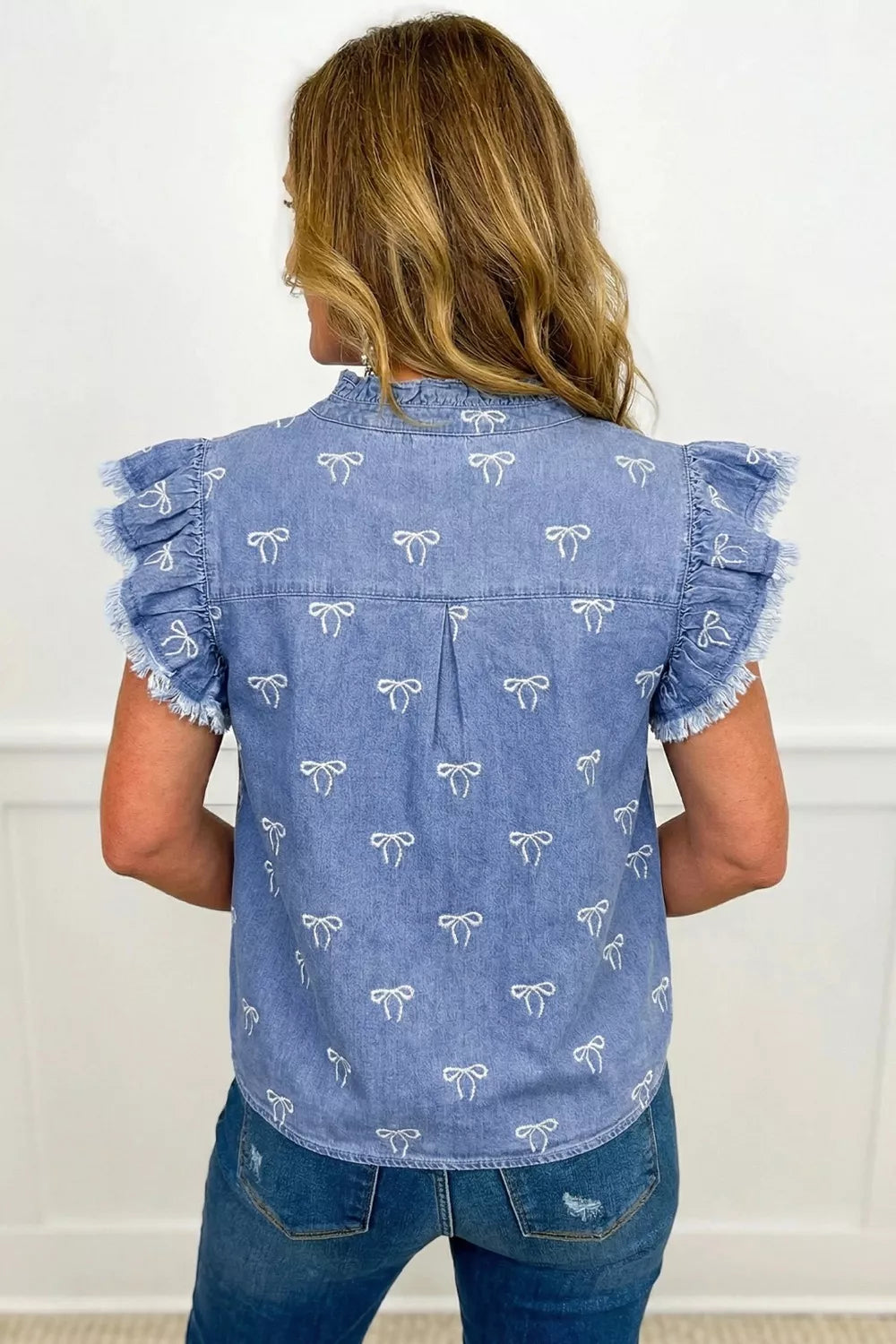 Frilled Collar Flutter Sleeve Denim Top