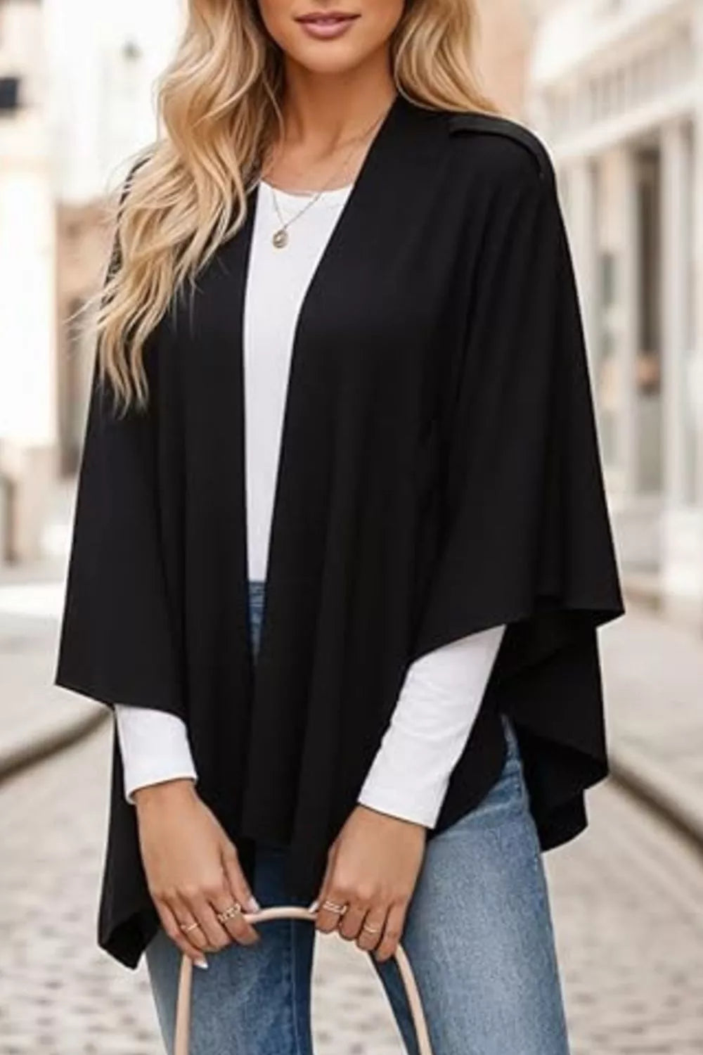 Draped Knitted Split Cape Shawl with Strap