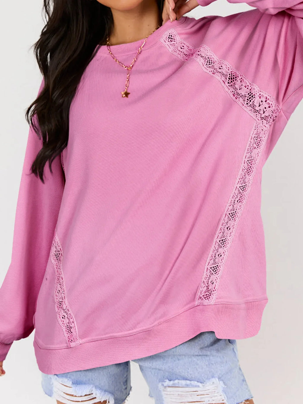 Lace Patched Raglan Sleeve Loose Fit Sweatshirt