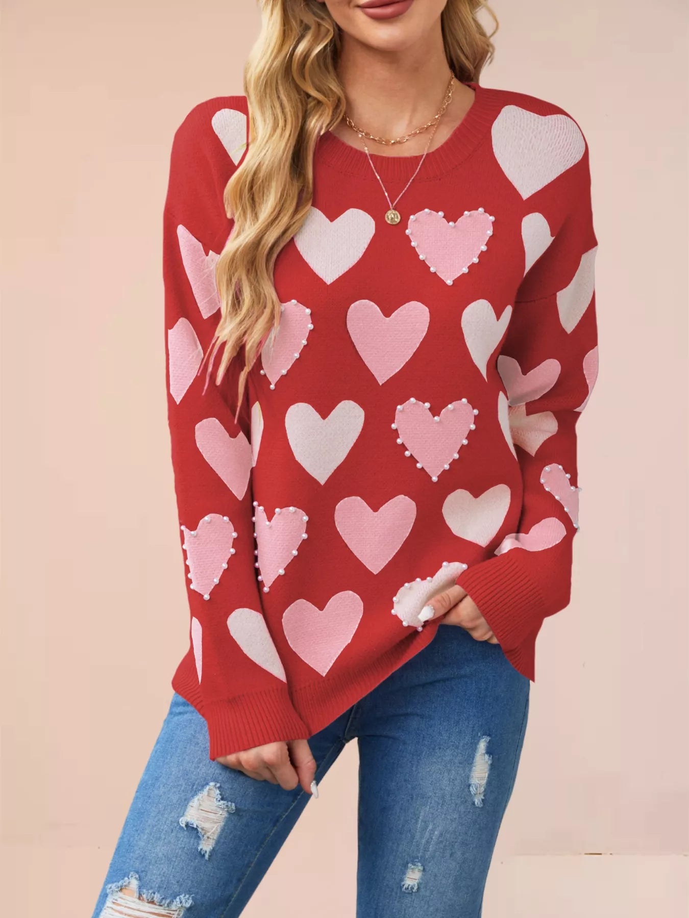 Heart Pattern Beaded Round Neck Sweater
