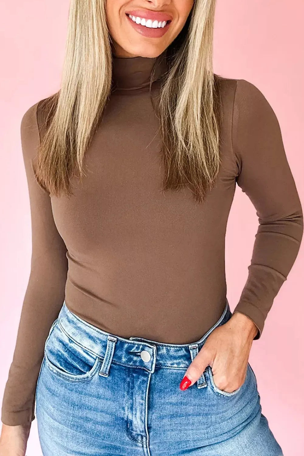 Slim Fit High Neck Long Sleeve Basic Top
