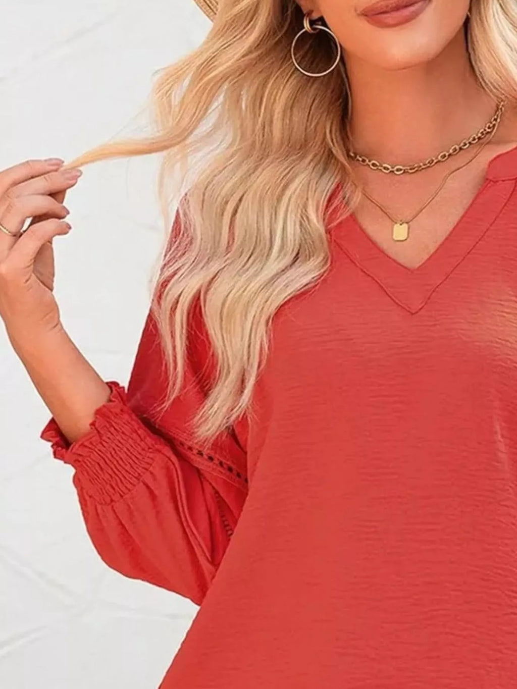 Solid Color Smocked Long Sleeve Blouse