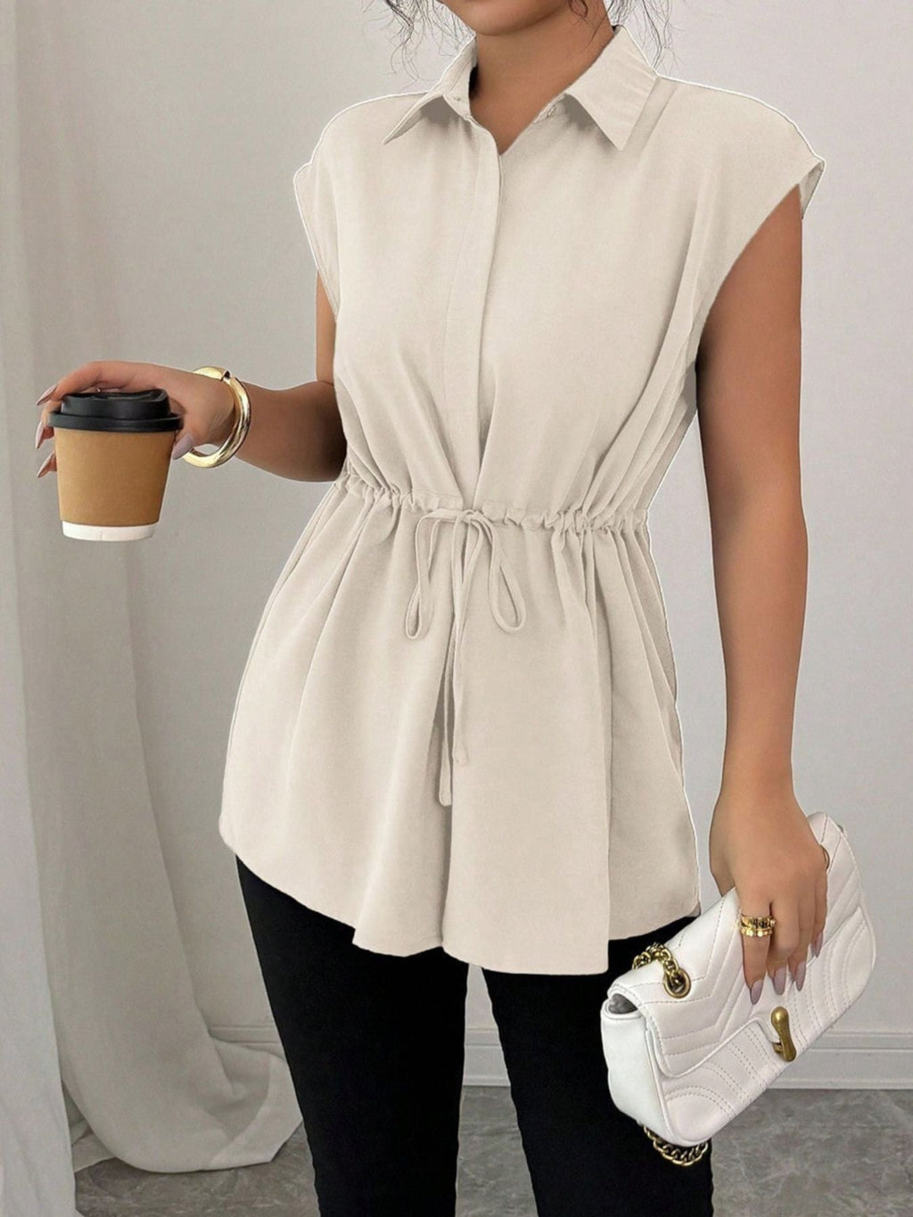 Drawstring Waist Cap Sleeve Shirt