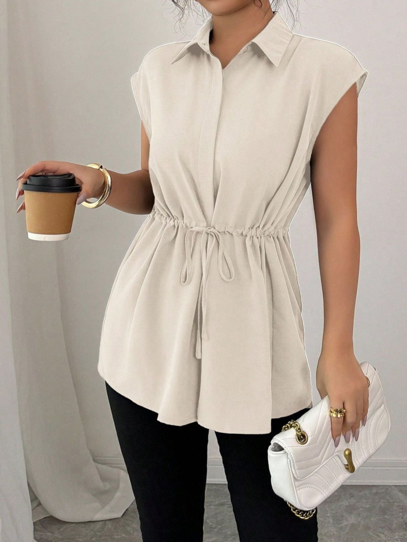 Drawstring Waist Cap Sleeve Shirt