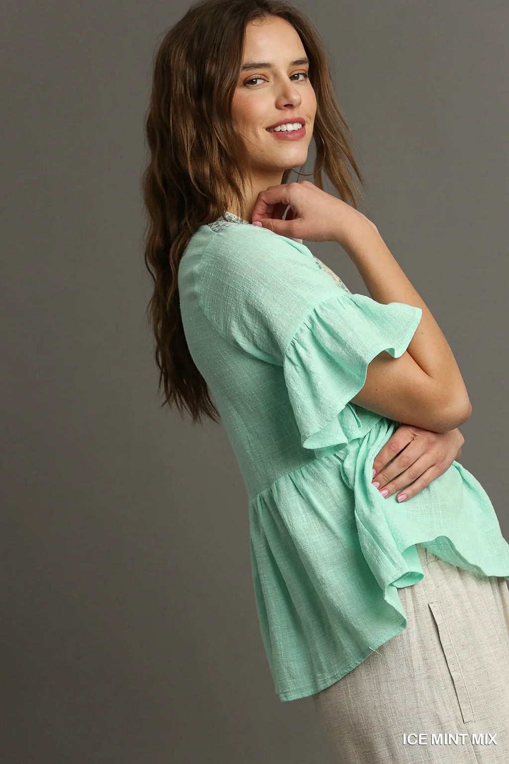 Umgee Floral Lace Trimmed Detail Half Sleeve Babydoll Top