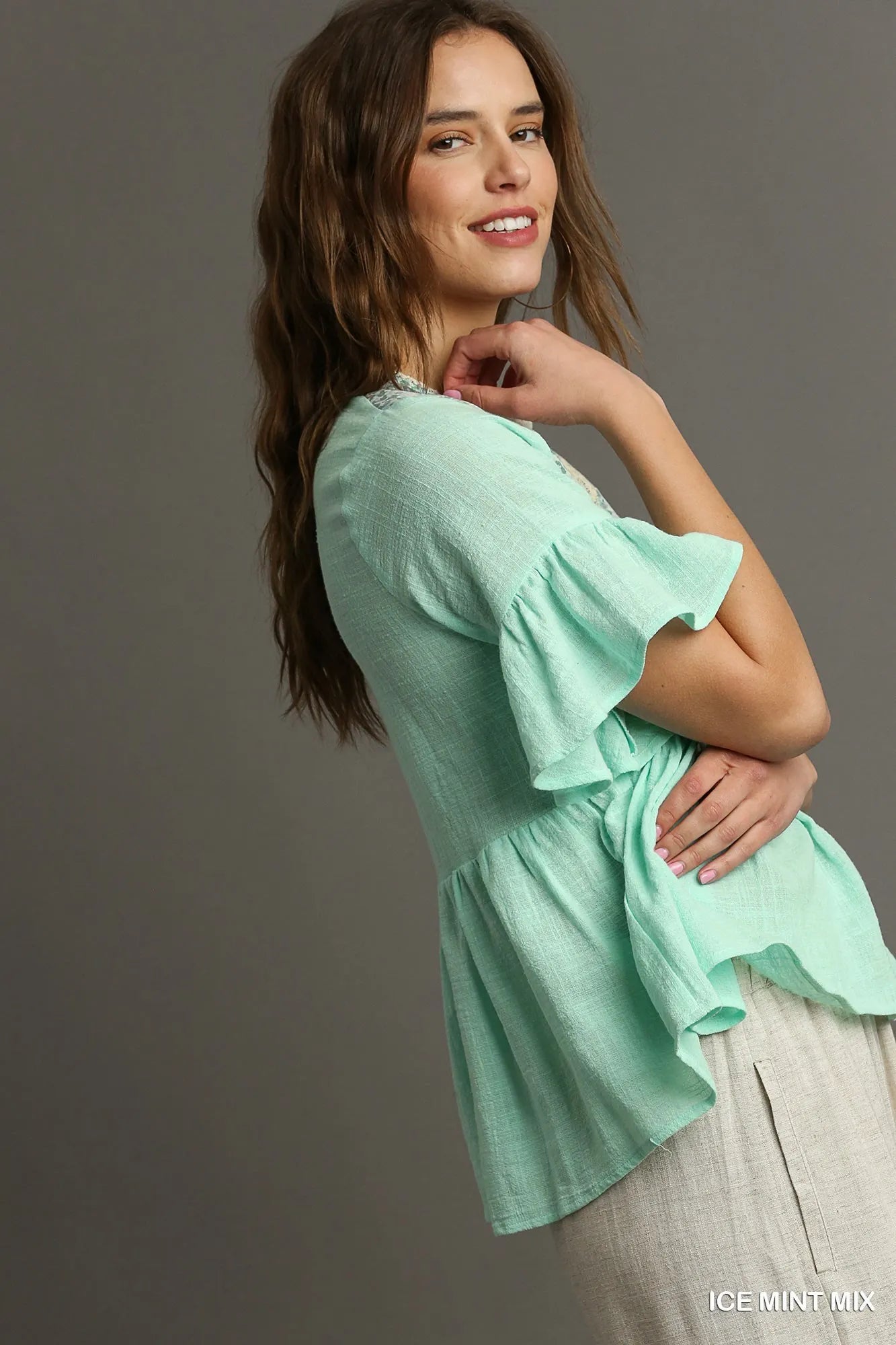 Umgee Floral Lace Trimmed Detail Half Sleeve Babydoll Top