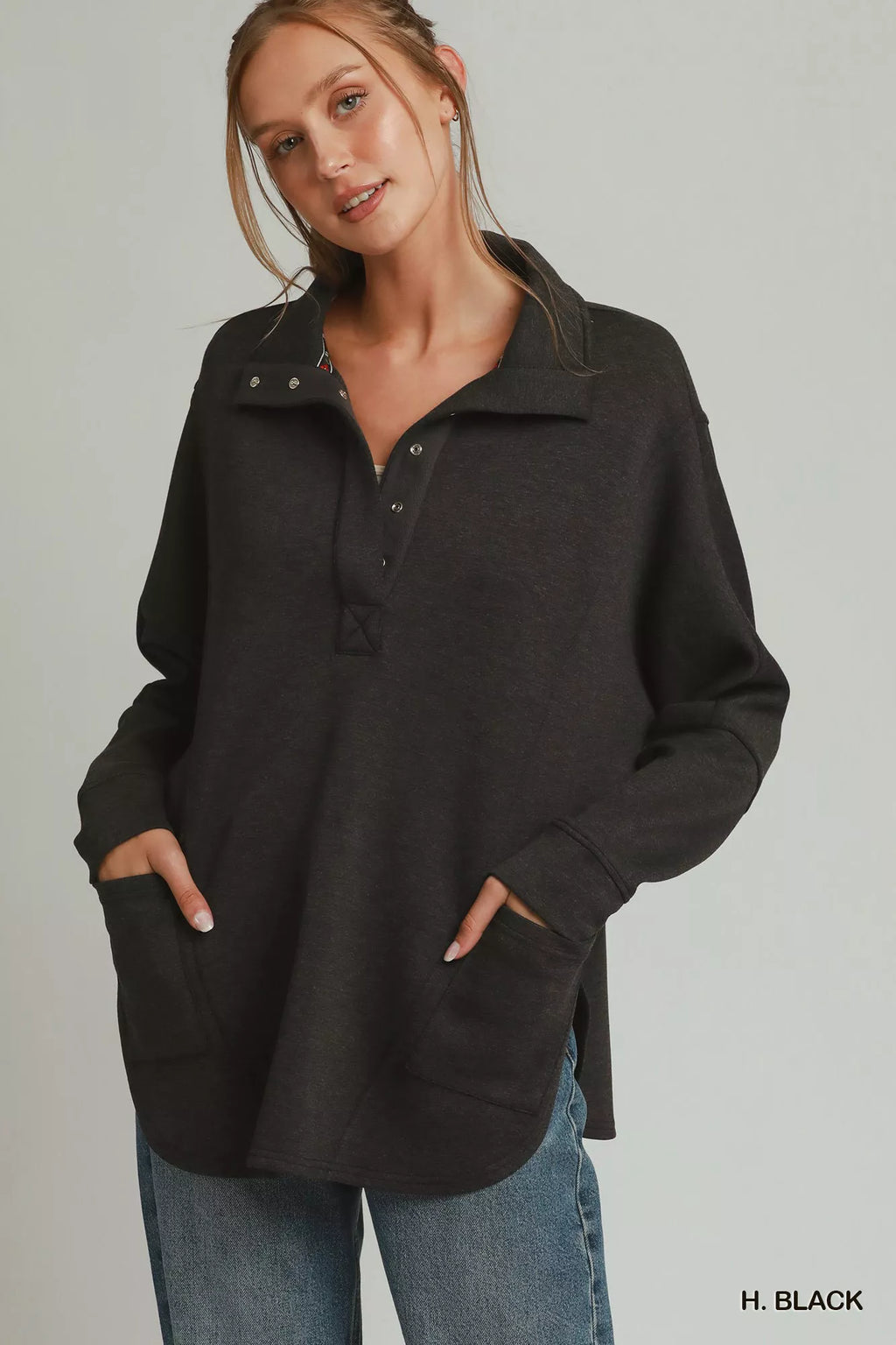 Umgee Half Placket Sweatshirt with Pockets