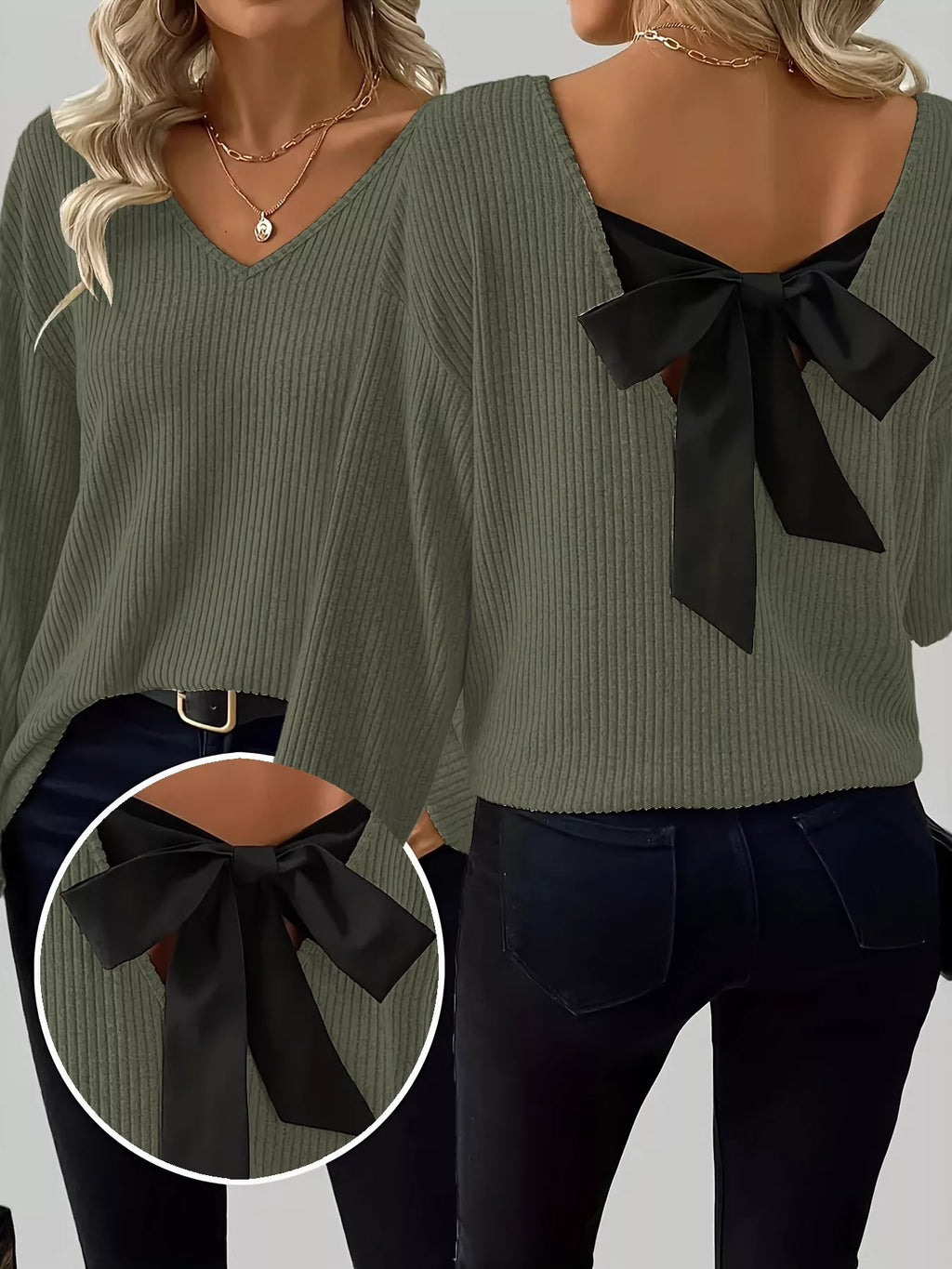 Full Size Ribbed Knit Backless Bow T-Shirt Plus Size