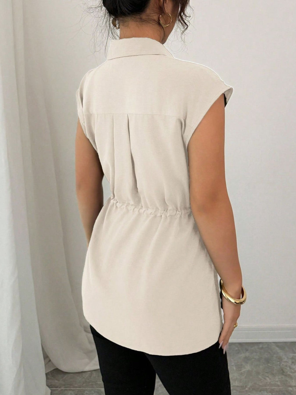 Drawstring Waist Cap Sleeve Shirt