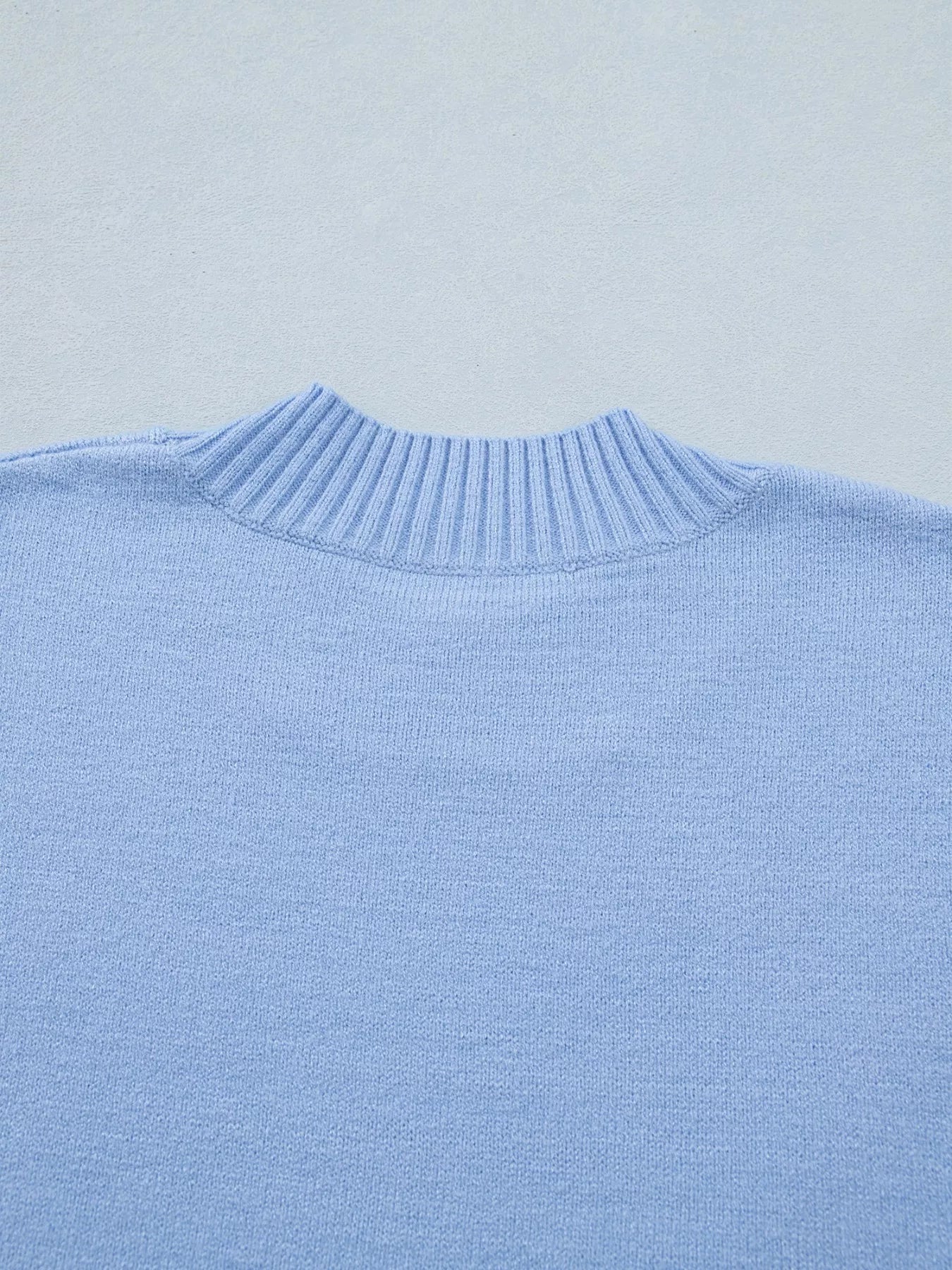 Solid Color Ribbed Trim Round Neck Ruffle Short Sleeve Sweater