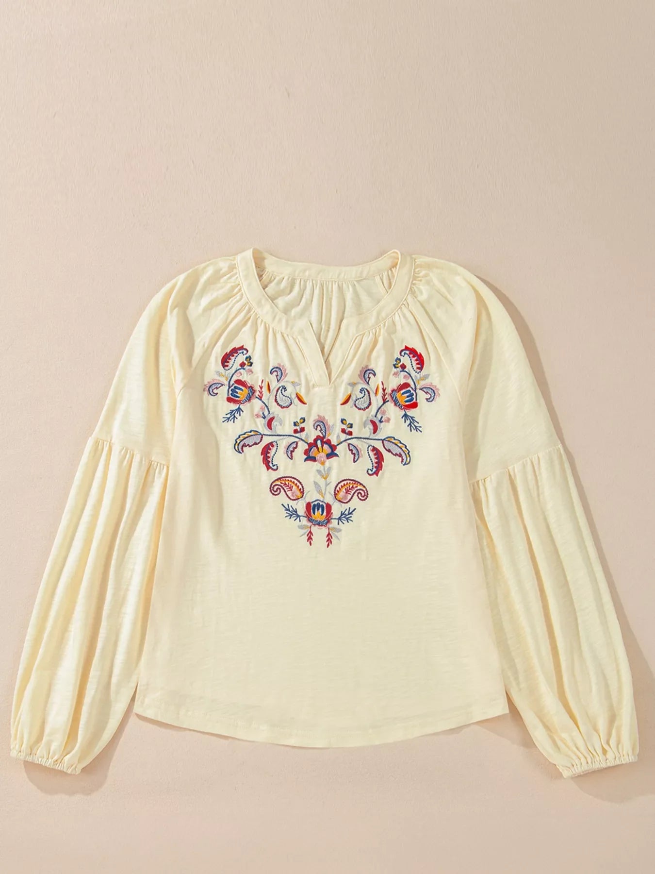 Embroidered Notched Balloon Sleeve Blouse