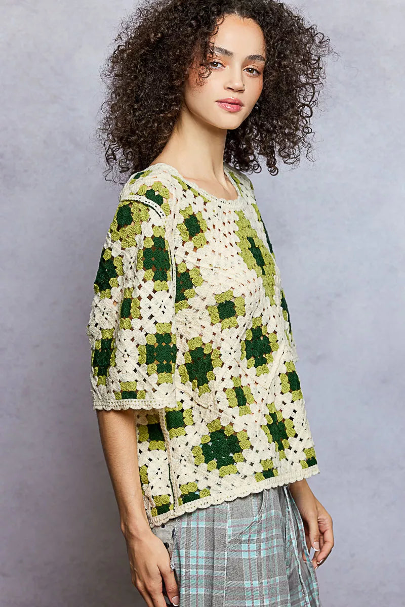 POL Round Neck Short Sleeve Color Pattern Crochet Top with Border Accents