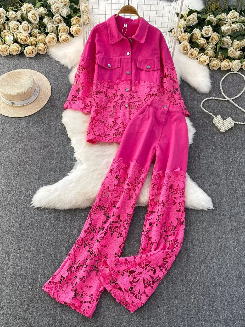 Lace Patchwork Shacket and Pants Set