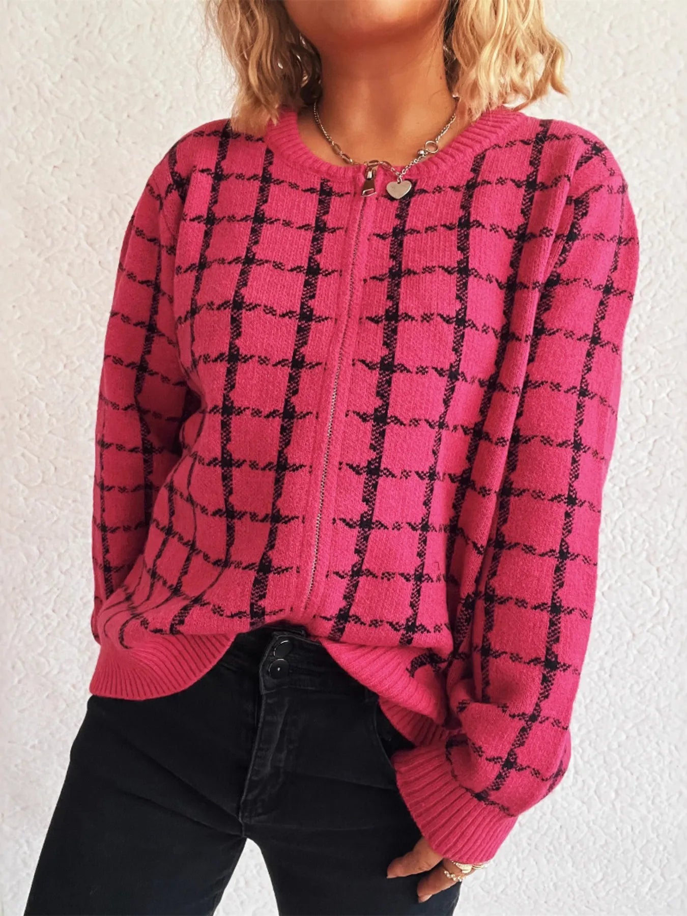 Plaid Pattern Zip Up Cardigan