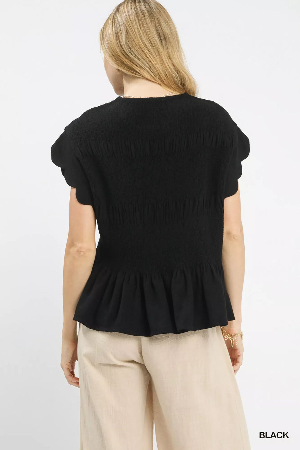 Umgee Linen Blend Smocked Peplum Blouse