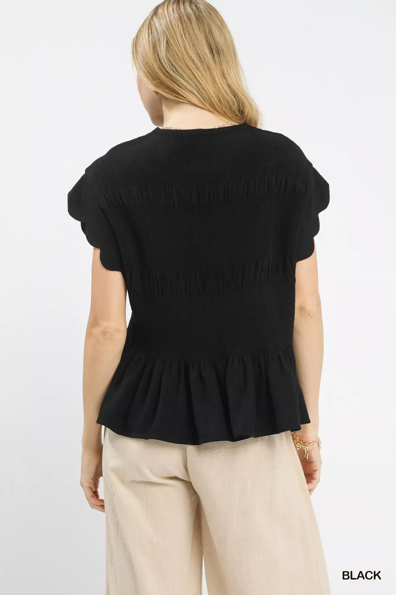 Umgee Linen Blend Smocked Peplum Blouse