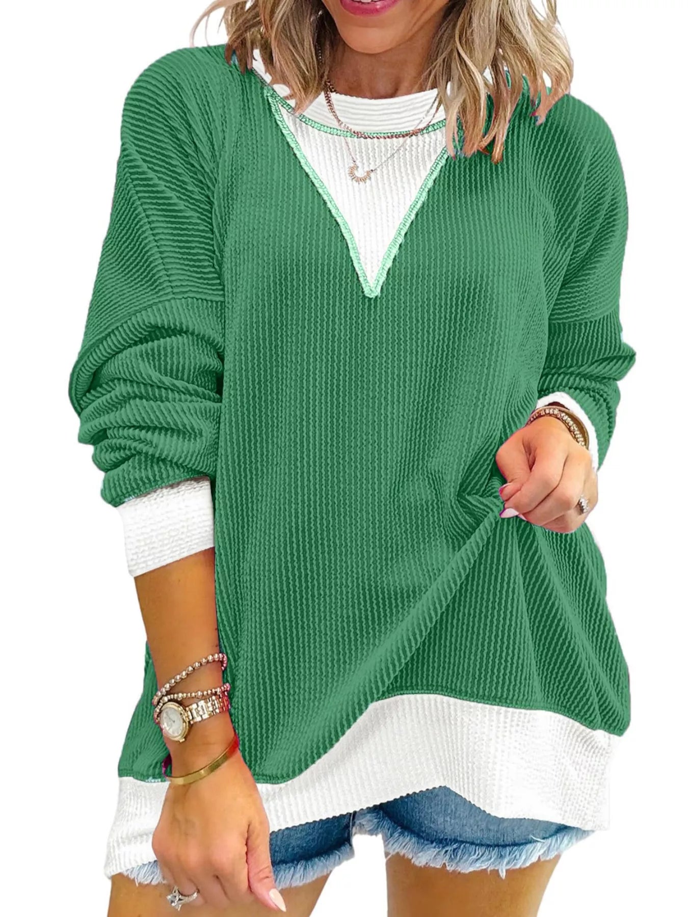 Two-Tone Ribbed Knit Sweatshirt