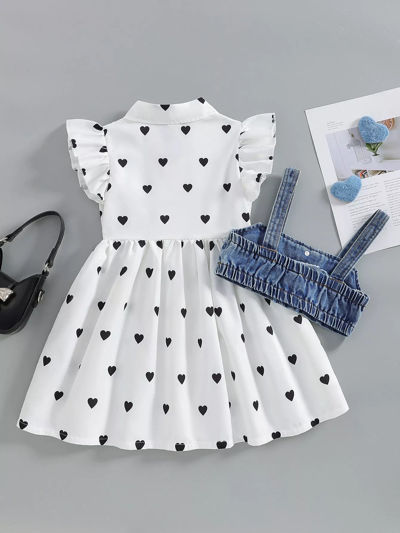 Children's Heart Print Dress & Denim Cami Set