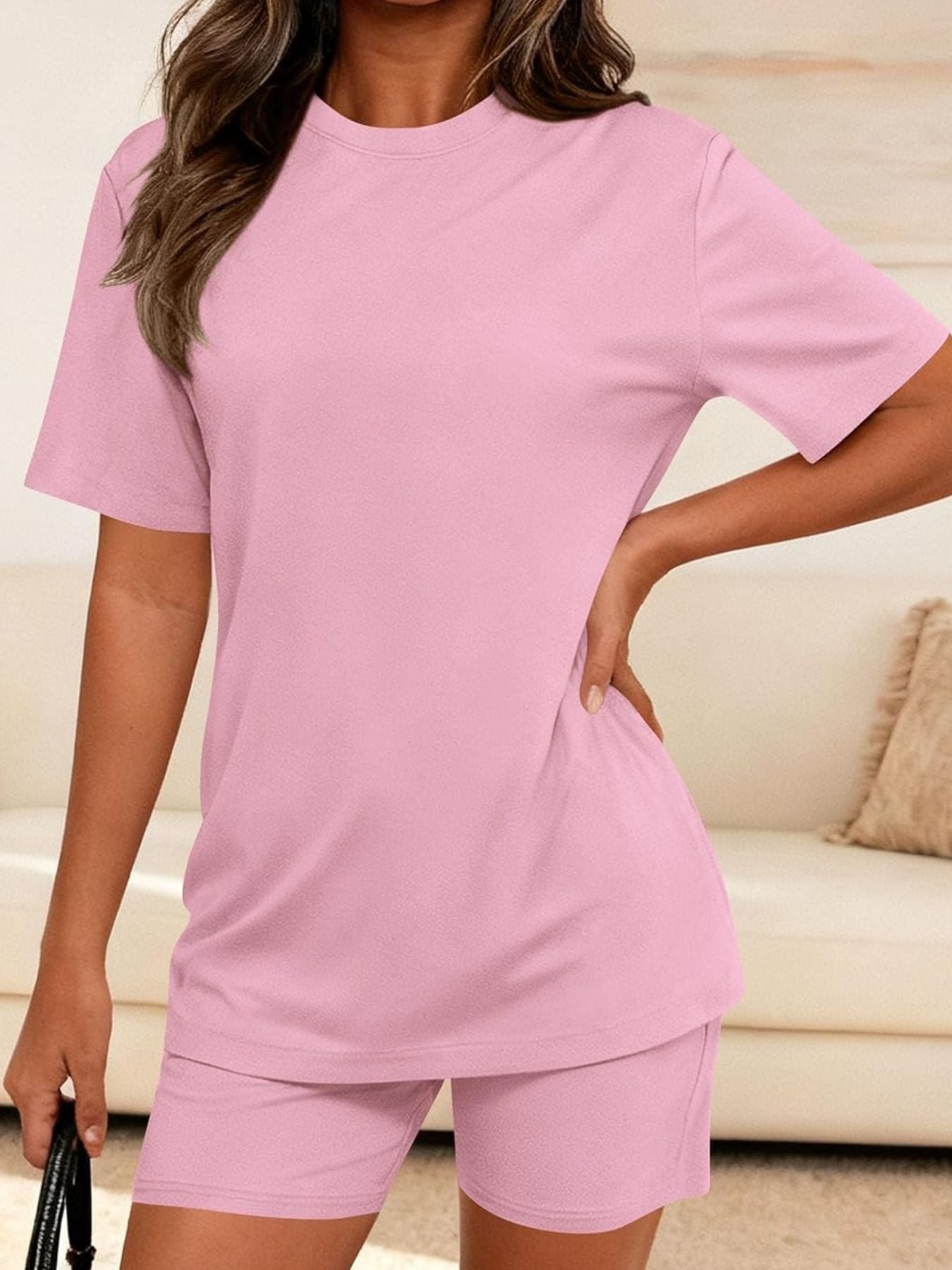 Round Neck Short Sleeve Top and Shorts Set