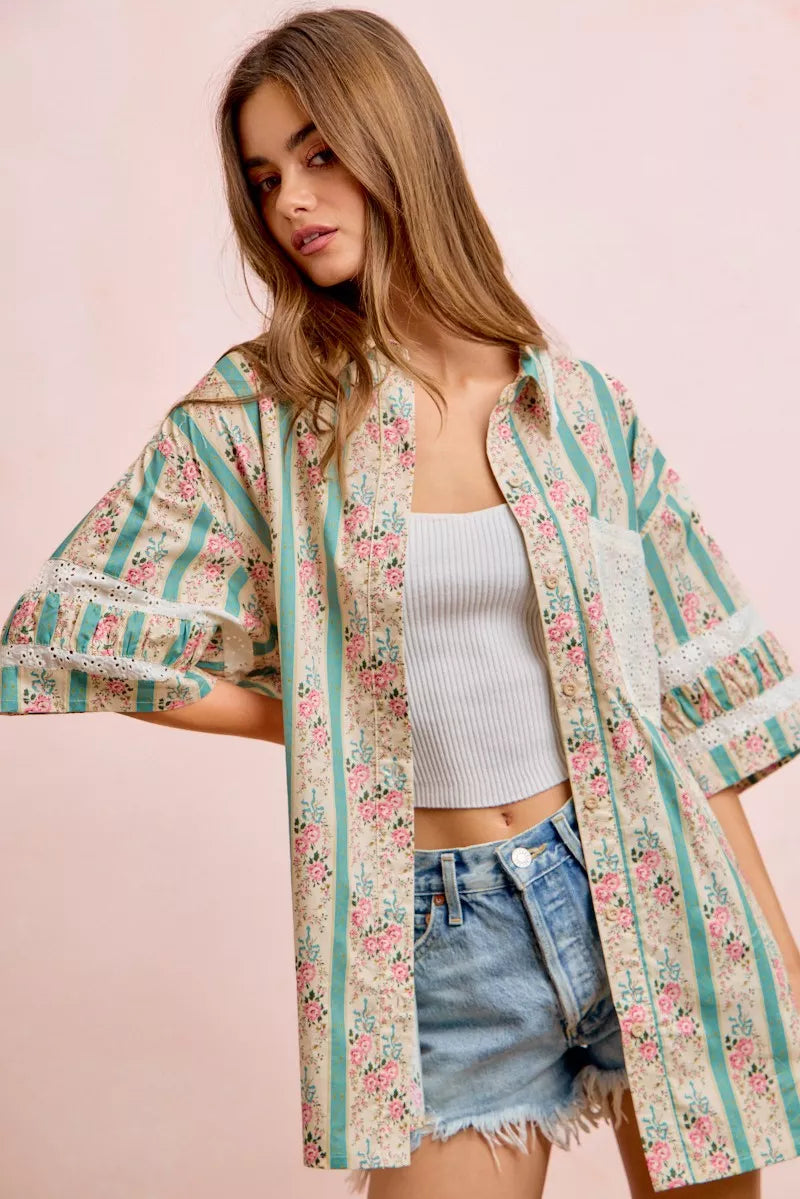 BiBi Eyelet Lace And Floral Mix And Match Shirt Top