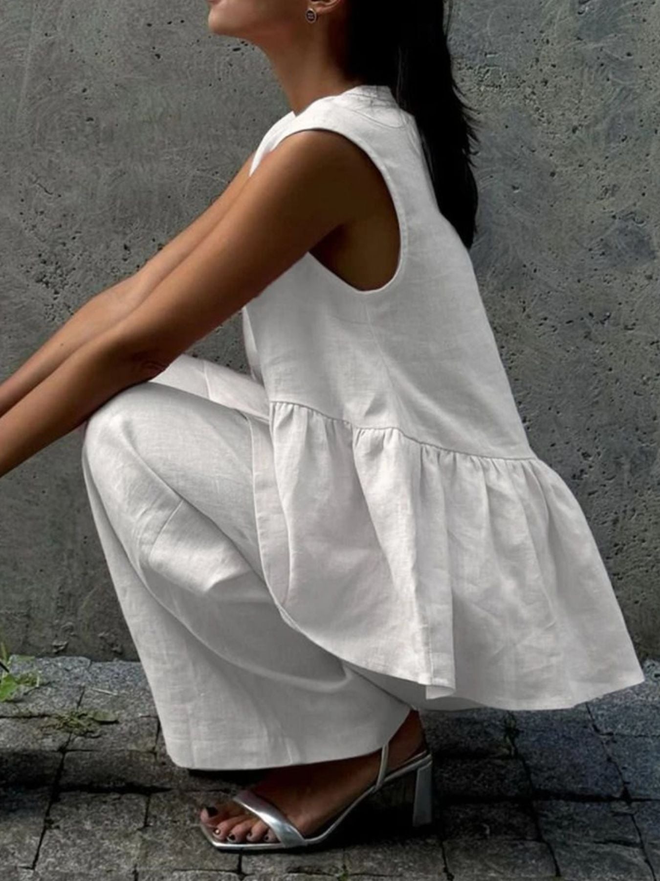 One Button Sleeveless Top and Wide-Leg Pants Set