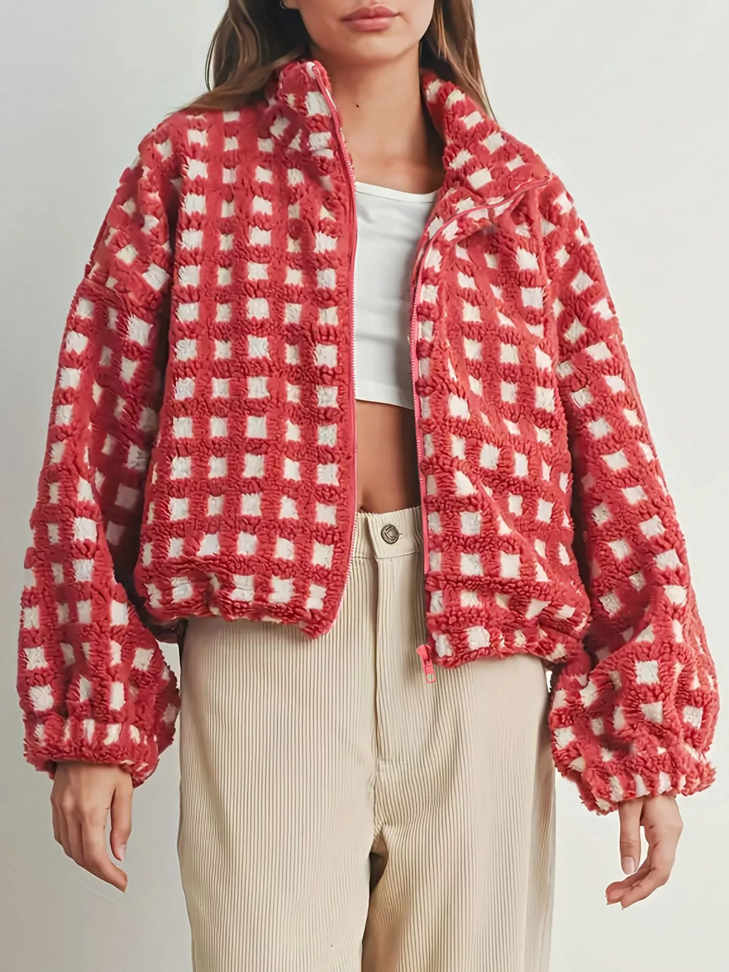 Plaid Zip Up Sherpa Jacket