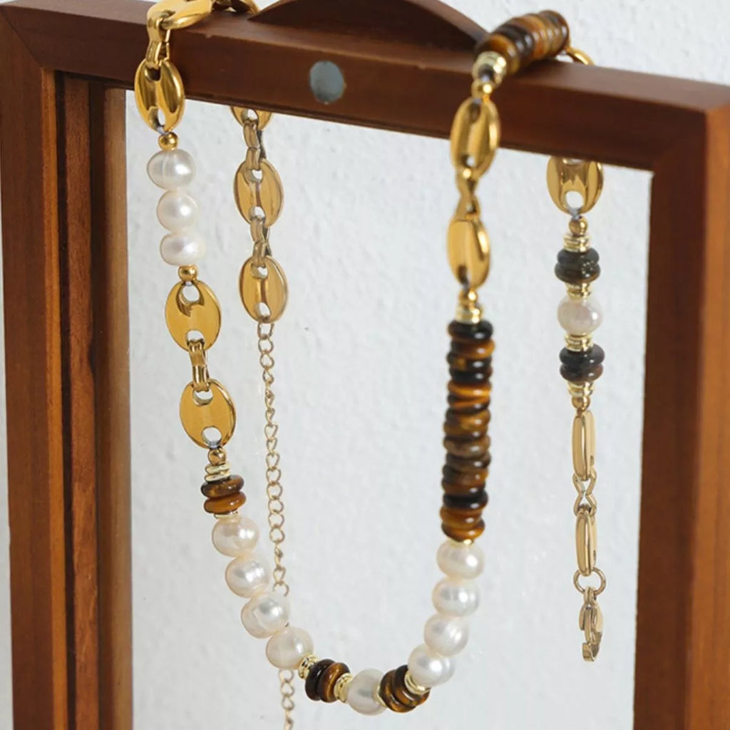Tiger's Eye Freshwater Pearl 18K Gold-Plated Bead Necklace