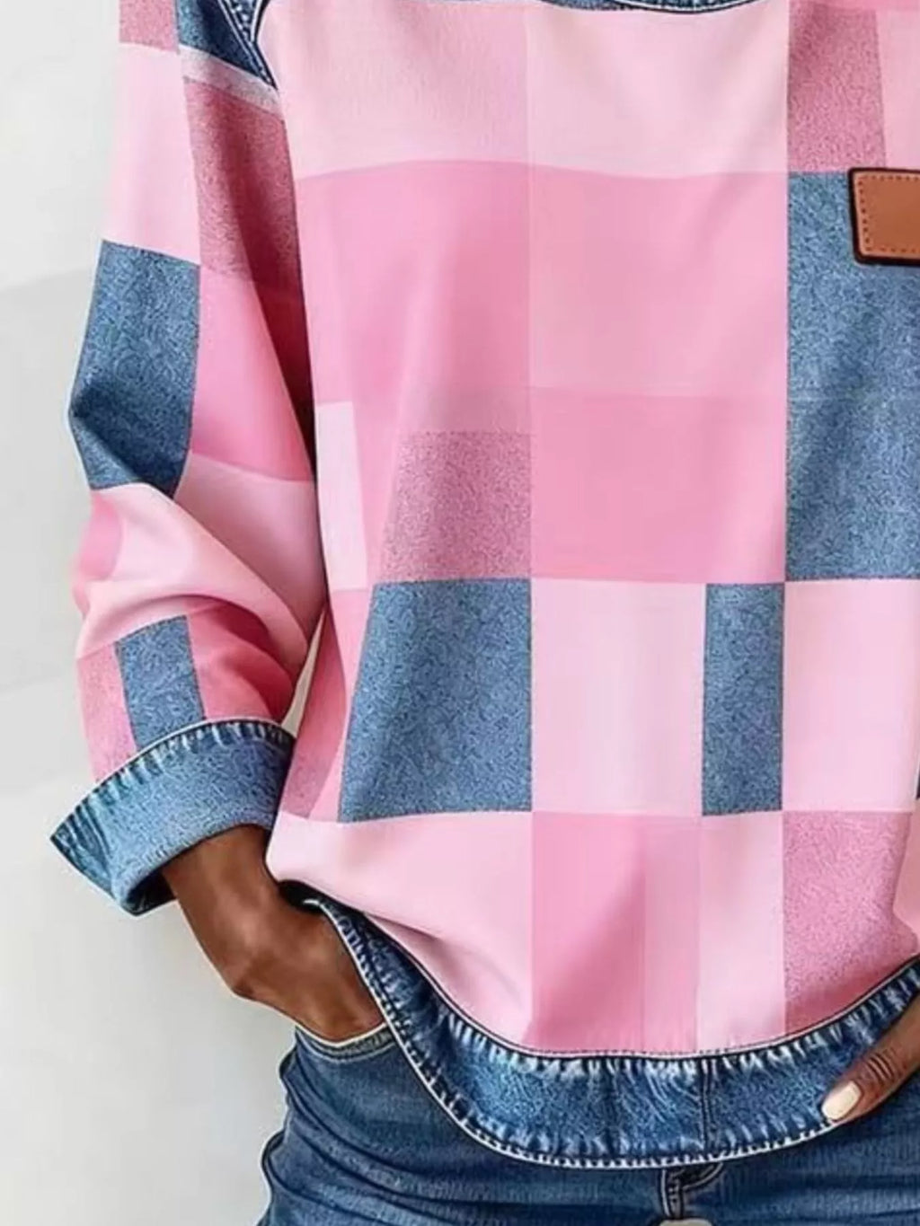 Full Size Plaid Denim Trim Long Sleeve Sweatshirt Plus Size