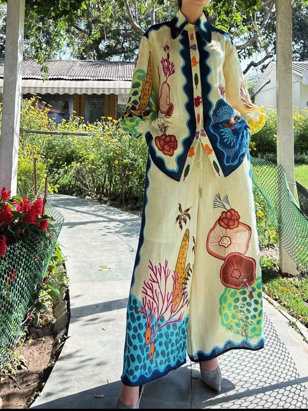 Printed Collared Neck Shirt and Wide Leg Pants Set