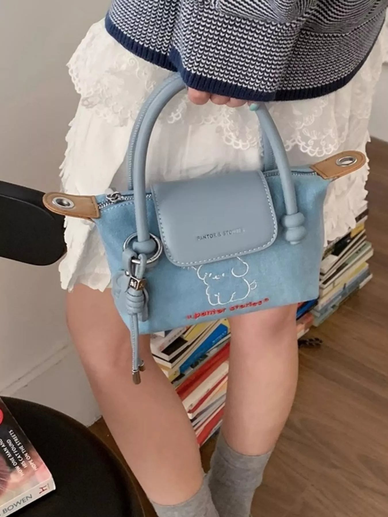Puppy Embroidered Denim Handbag